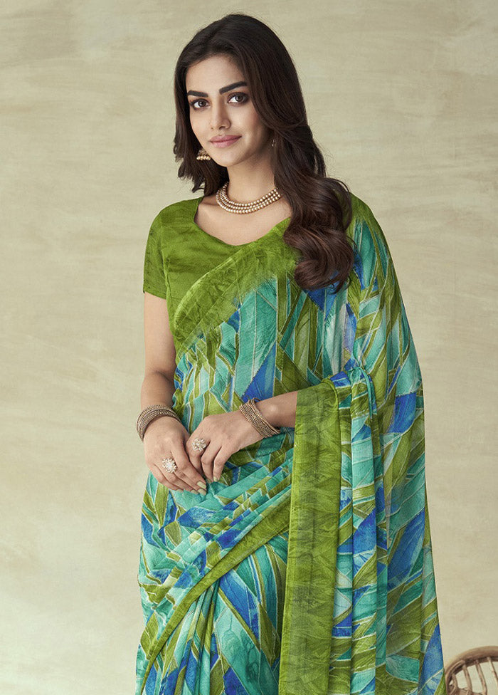 Olive Green Chiffon Silk Saree With Blouse Piece