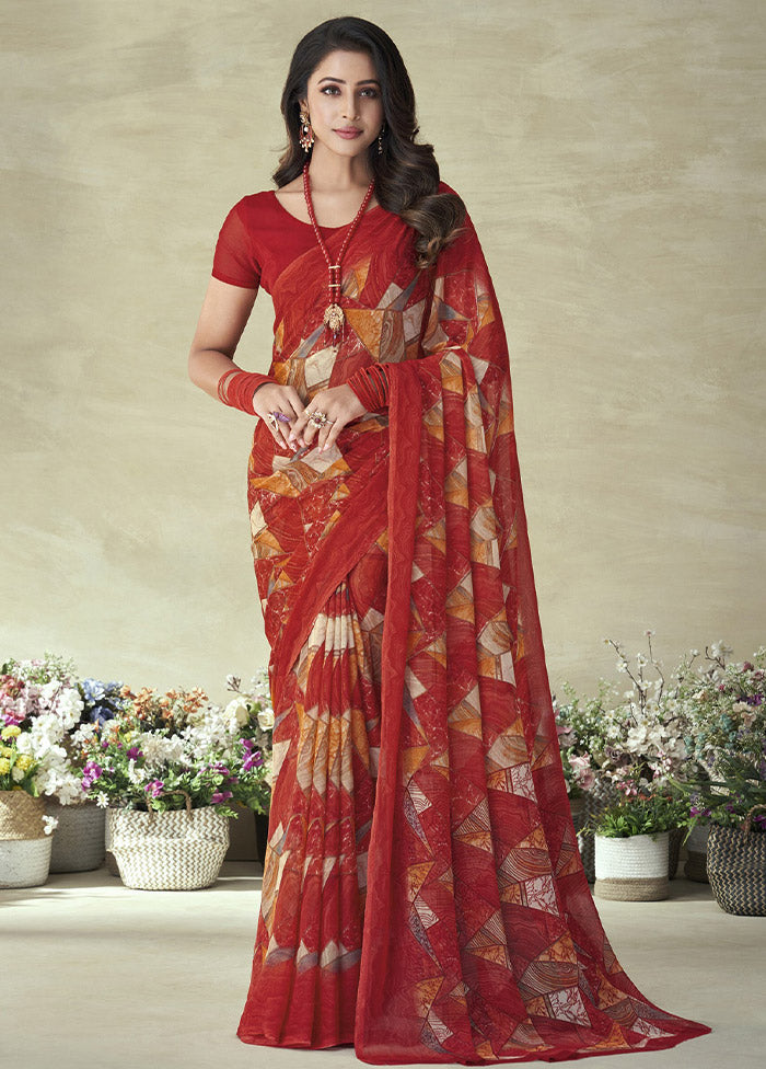 Red Chiffon Silk Saree With Blouse Piece