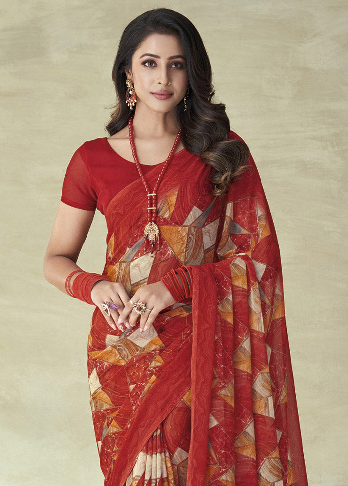 Red Chiffon Silk Saree With Blouse Piece