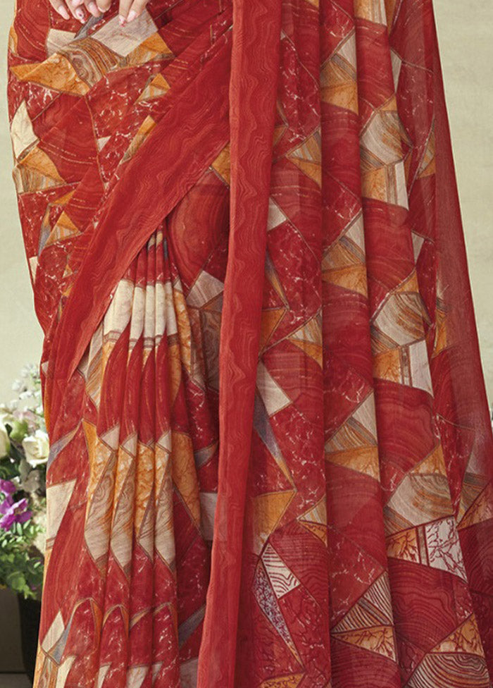 Red Chiffon Silk Saree With Blouse Piece