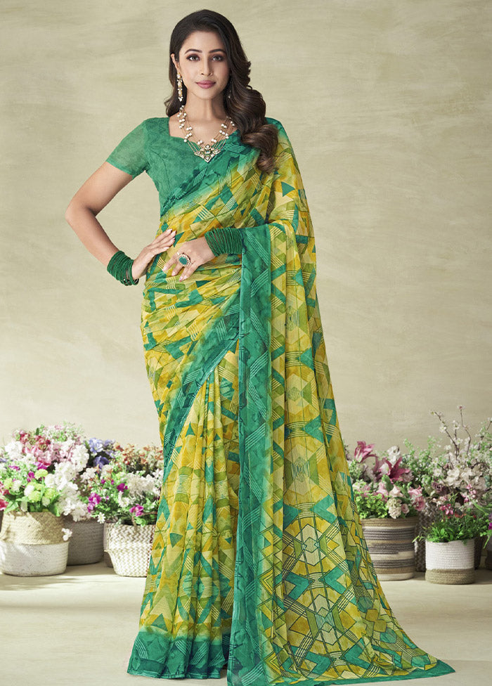 Sea Green Chiffon Silk Saree With Blouse Piece