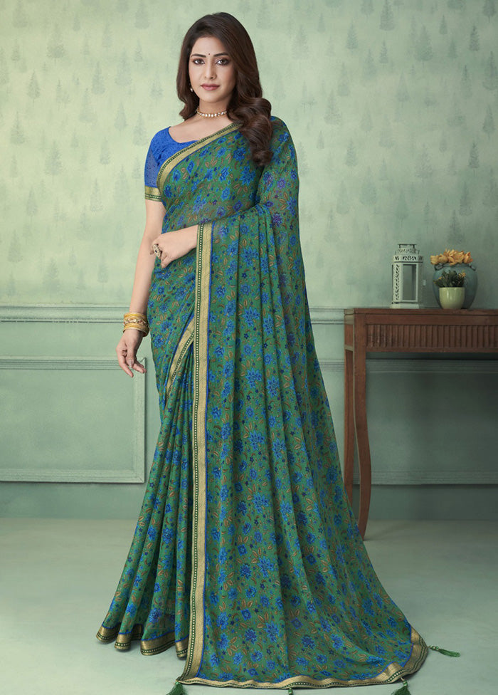 Turquoise Chiffon Silk Saree With Blouse Piece