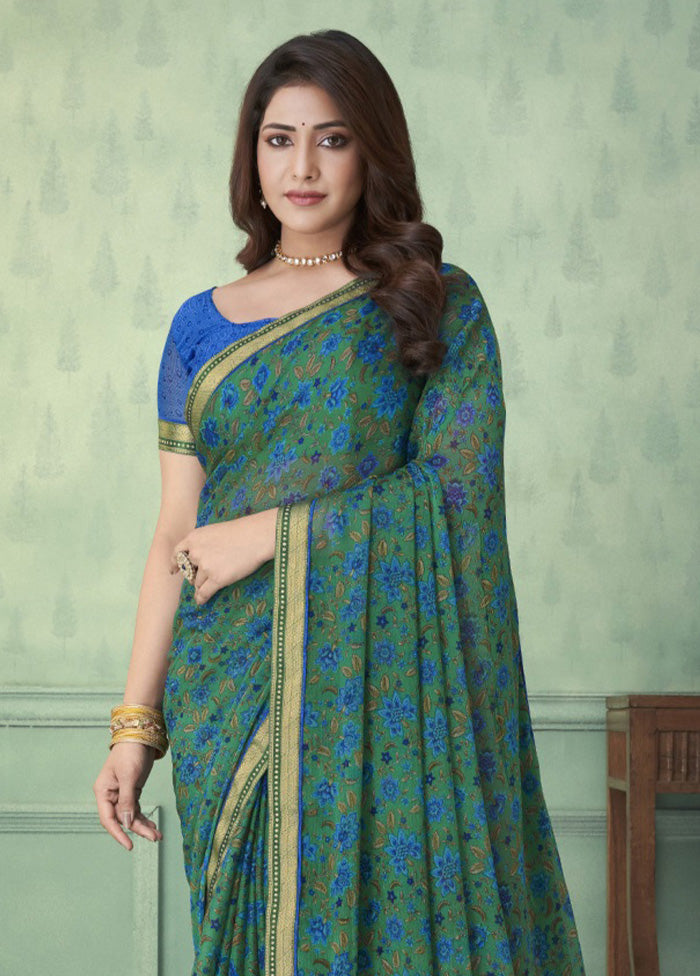 Turquoise Chiffon Silk Saree With Blouse Piece