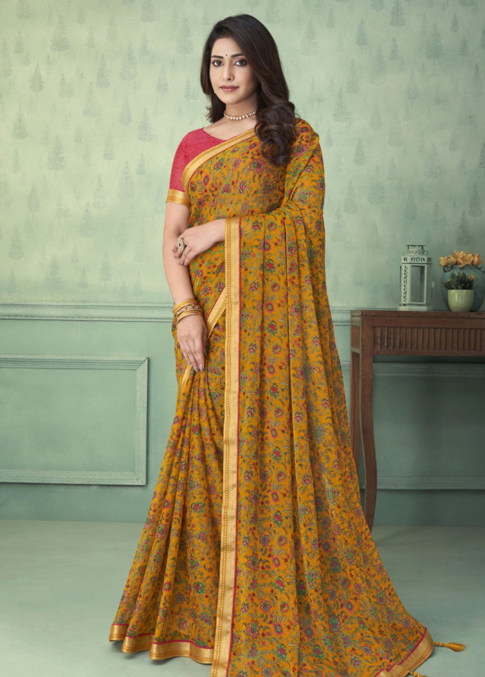 Mustard Chiffon Silk Saree With Blouse Piece