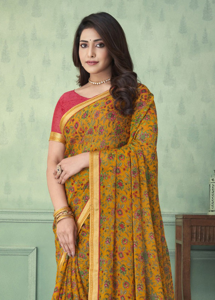 Mustard Chiffon Silk Saree With Blouse Piece