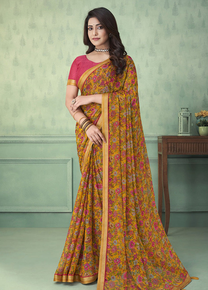 Mustard Chiffon Silk Saree With Blouse Piece