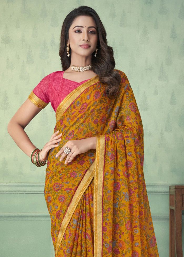 Mustard Chiffon Silk Saree With Blouse Piece