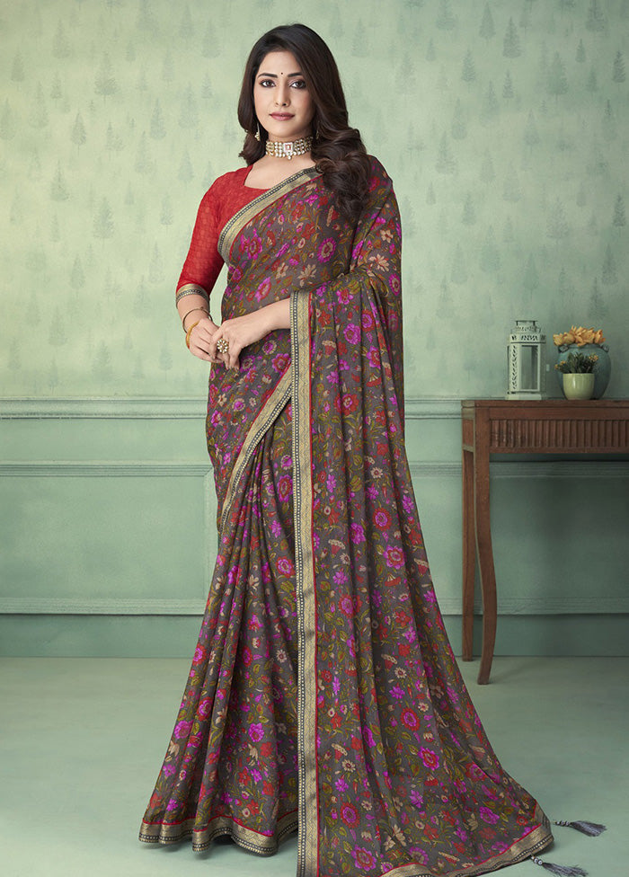 Grey Chiffon Silk Saree With Blouse Piece