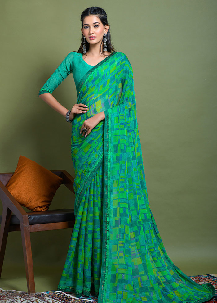 Green Chiffon Silk Saree With Blouse Piece