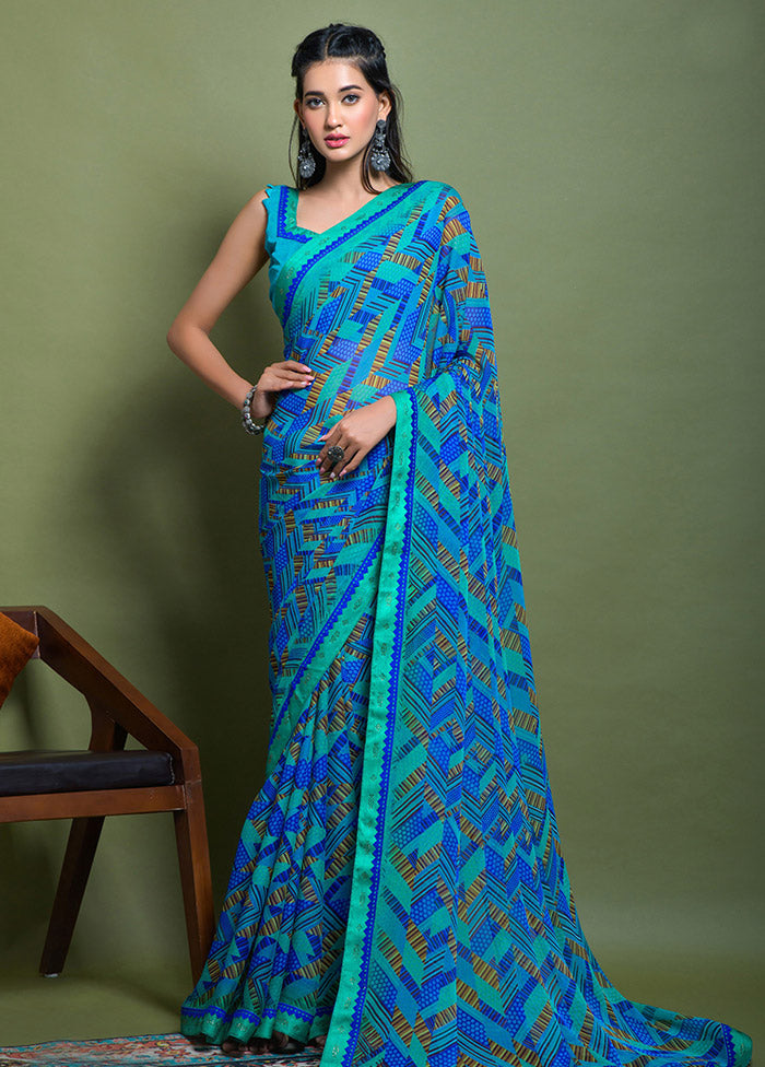 Turquoise Chiffon Silk Saree With Blouse Piece