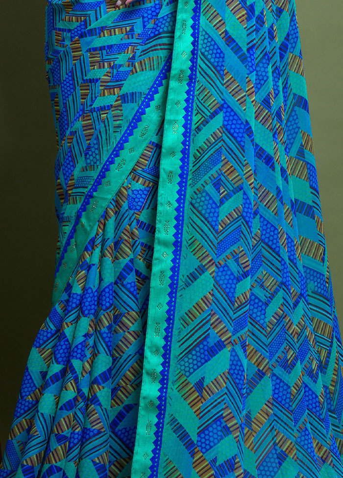 Turquoise Chiffon Silk Saree With Blouse Piece