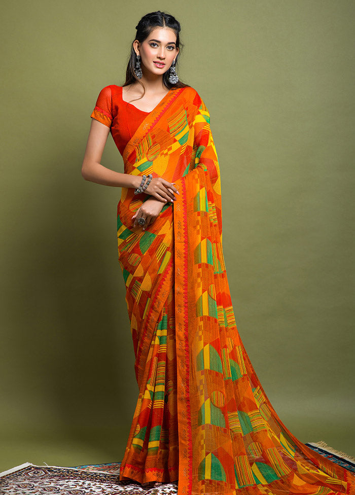 Orange Chiffon Silk Saree With Blouse Piece