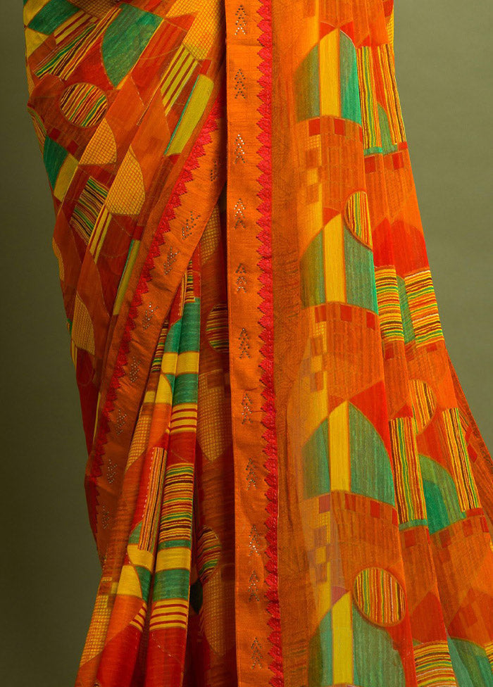 Orange Chiffon Silk Saree With Blouse Piece