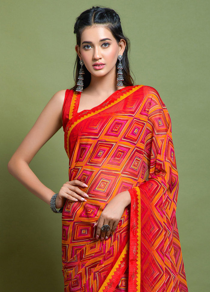 Red Chiffon Silk Saree With Blouse Piece