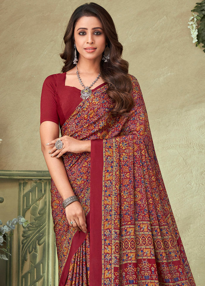 Maroon Spun Silk Woven Work Saree With Blouse