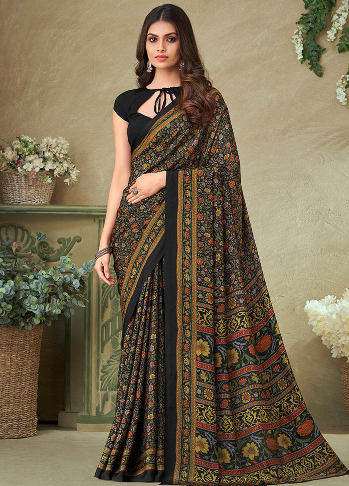 Black Spun Silk Woven Work Saree With Blouse