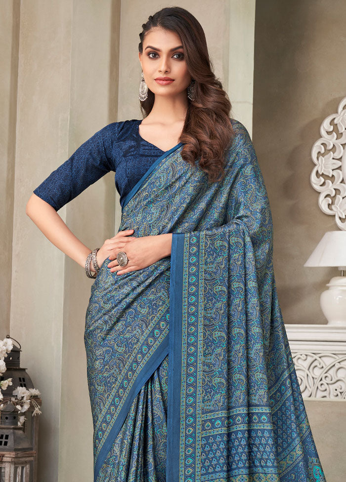 Blue Spun Silk Woven Work Saree With Blouse