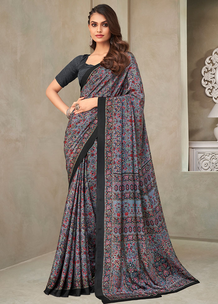 Greyish Blue Spun Silk Woven Work Saree With Blouse