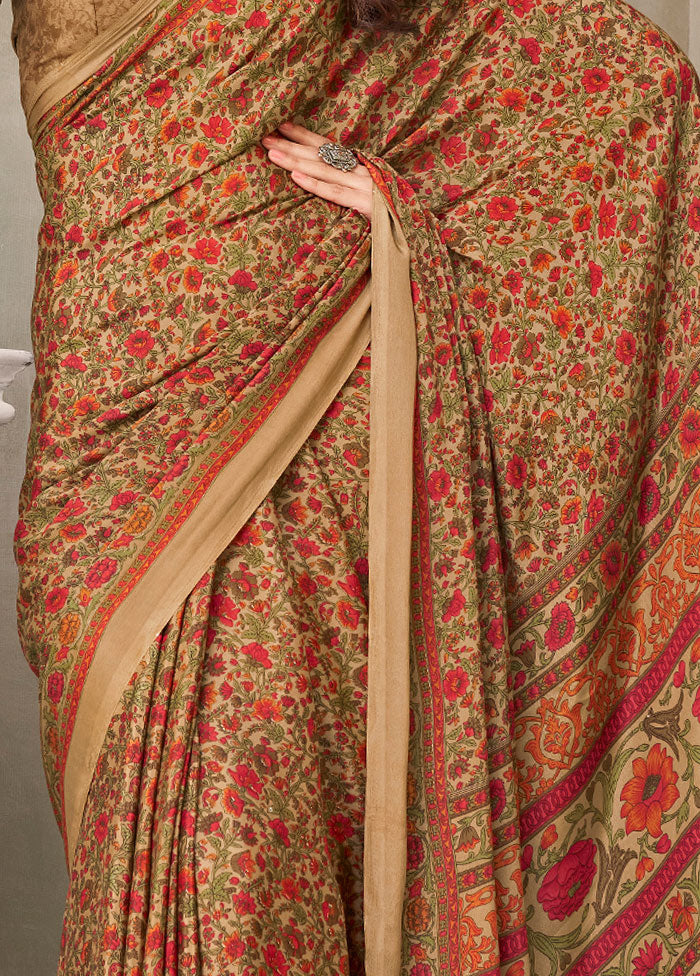 Beige Spun Silk Woven Work Saree With Blouse