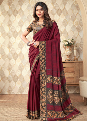 Maroon Spun Silk Woven Work With Blouse Piece