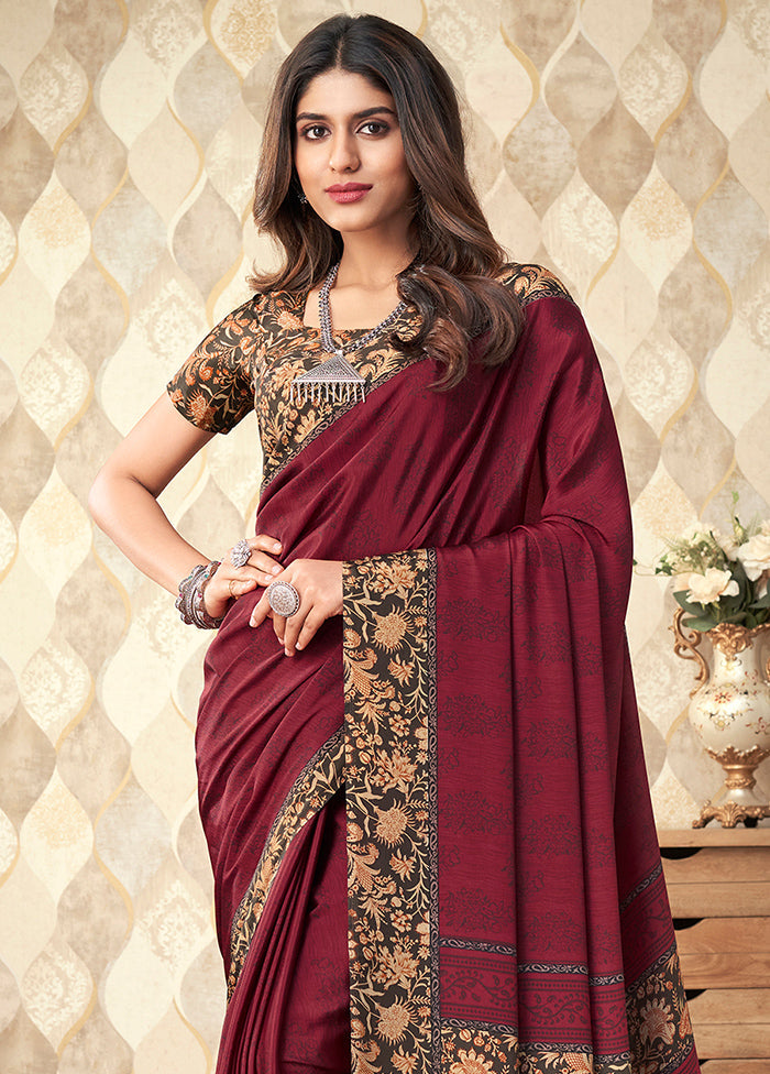 Maroon Spun Silk Woven Work With Blouse Piece