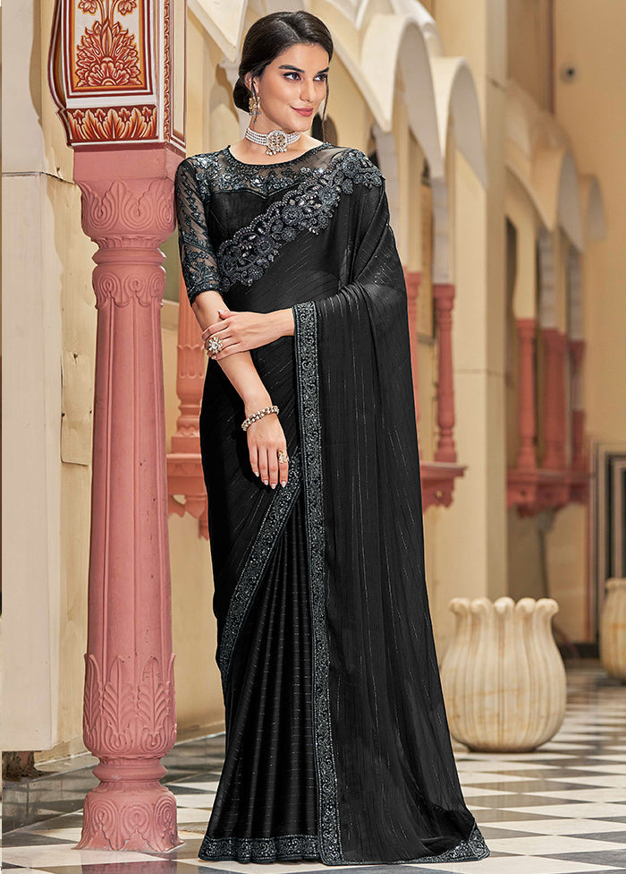 Black Spun Silk Saree With Blouse Piece