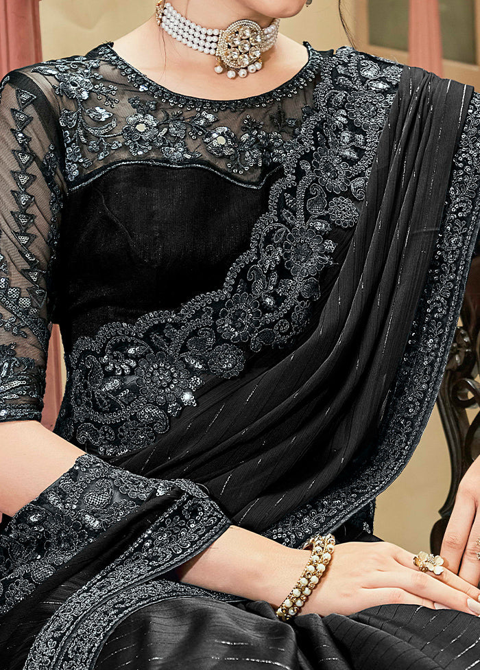 Black Spun Silk Saree With Blouse Piece