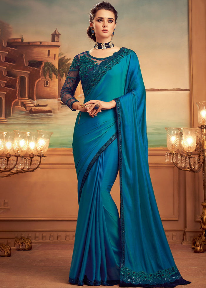 Blue Georgette Embroidered Saree With Blouse