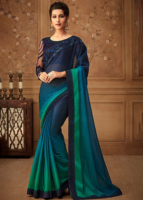 Blue Printed Chiffon Silk Saree With Blouse