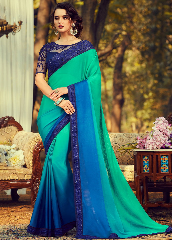 Turquoise Printed Chiffon Silk Saree With Blouse