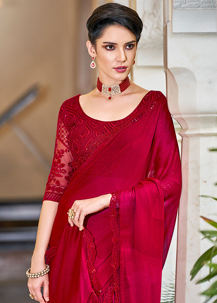 Red Chiffon Saree With Blouse Piece