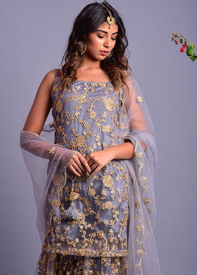 3 Pc Grey Net Sharara Suit With Dupatta VDRAN100040839 - Indian Silk House Agencies