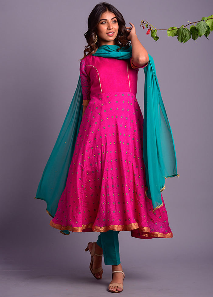 3 Pc Magenta Silk Suit Set With Dupatta