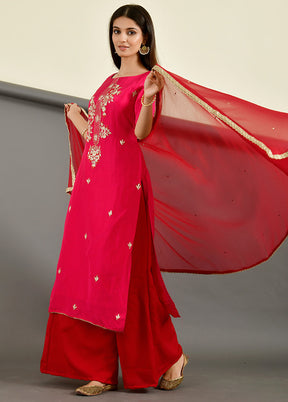 3 Pc Pink Gota Pati Work Silk Suit Set With Dupatta