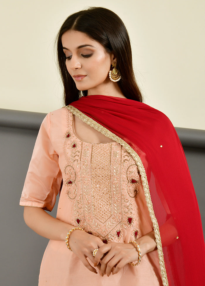 3 Pc Peach Gota Pati Work Chanderi Suit Set With Dupatta