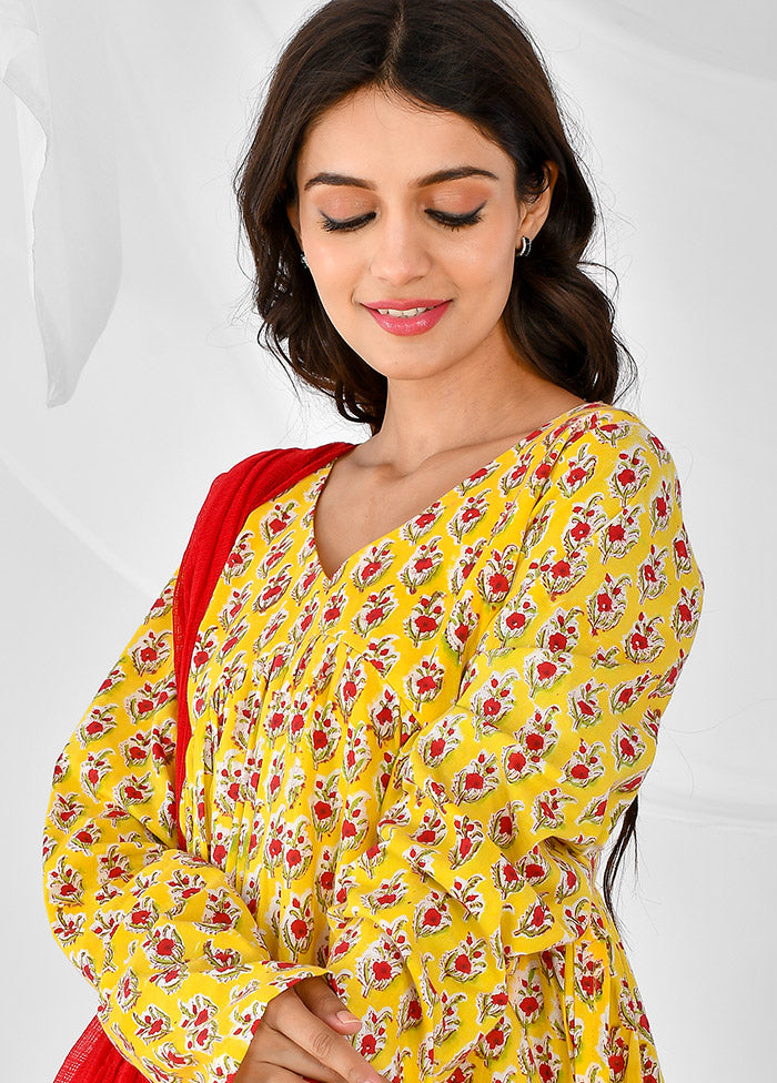 3 Pc Yellow Cotton Printed Suit Set