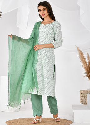 3 Pc Green Cotton Printed Suit Set