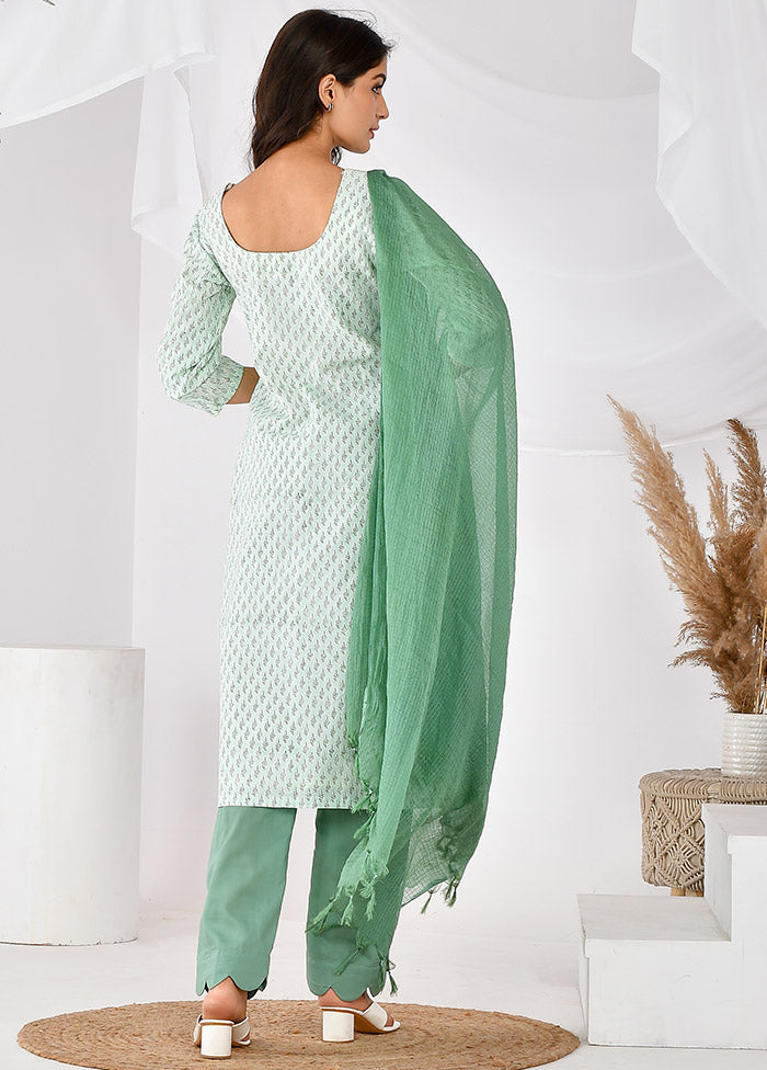 3 Pc Green Cotton Printed Suit Set