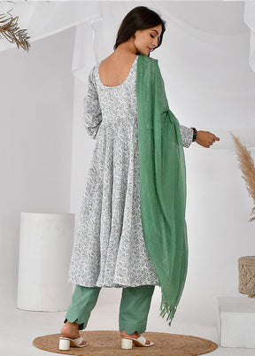 3 Pc White Cotton Printed Suit Set