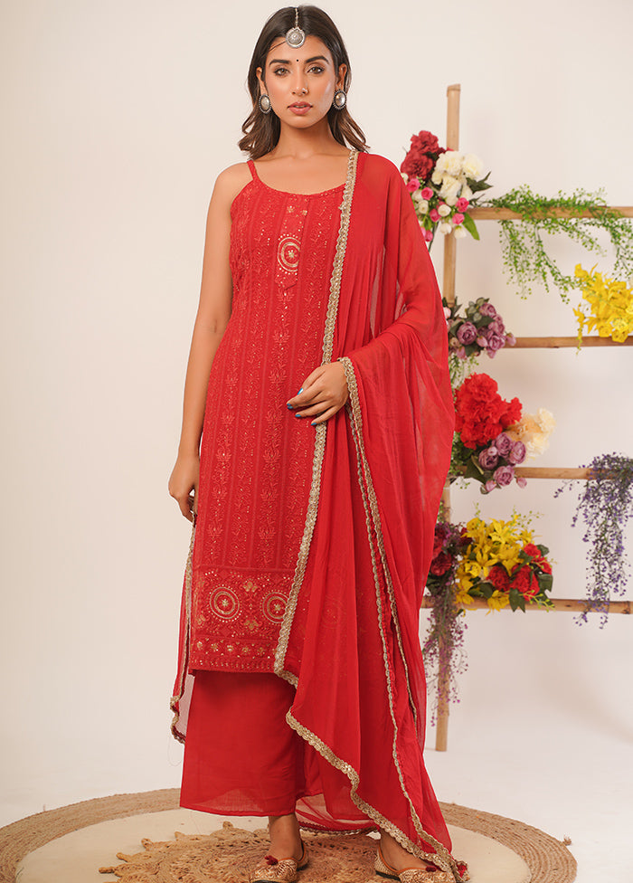 3 Pc Red Pure Georgette Hand Crafted Suit Set