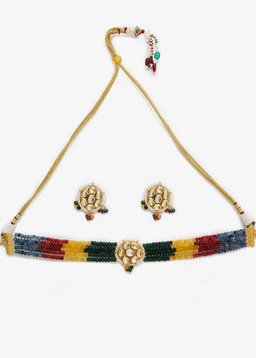 Multicolor Kundan Choker Necklace Set With Studs