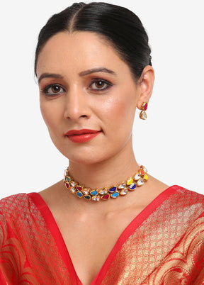 Multicolor Kundan Choker Necklace Set With Earrings