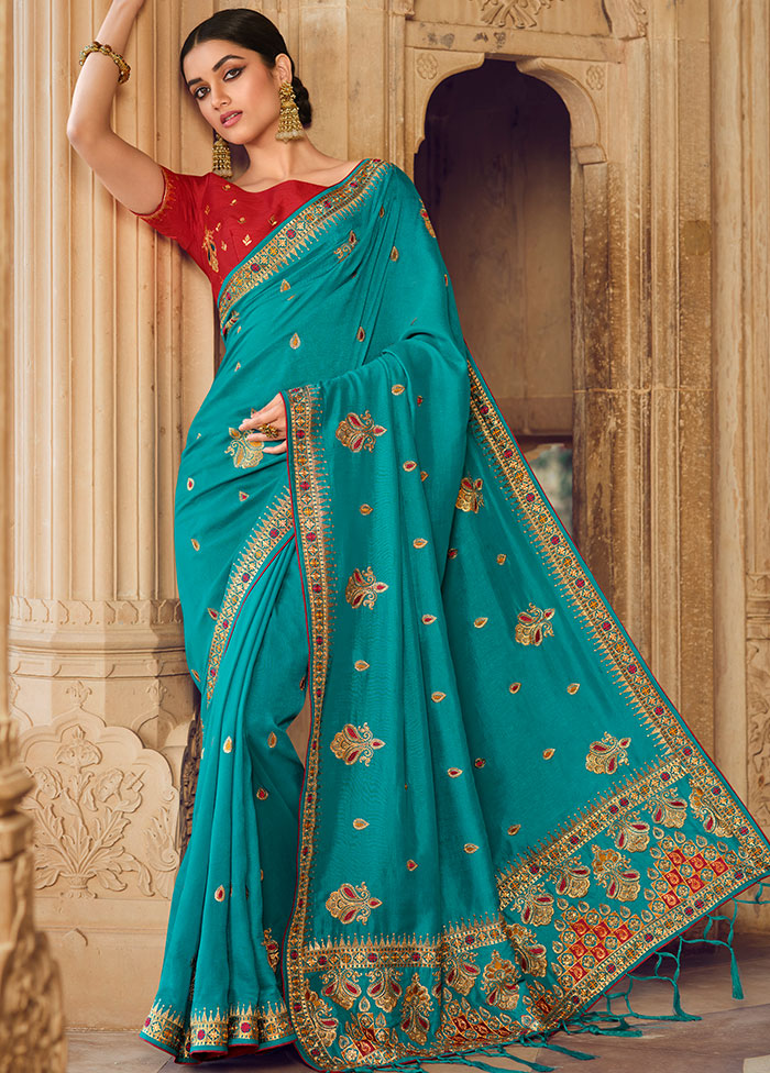 Turquoise Zari Woven Spun Silk Saree With Blouse Piece