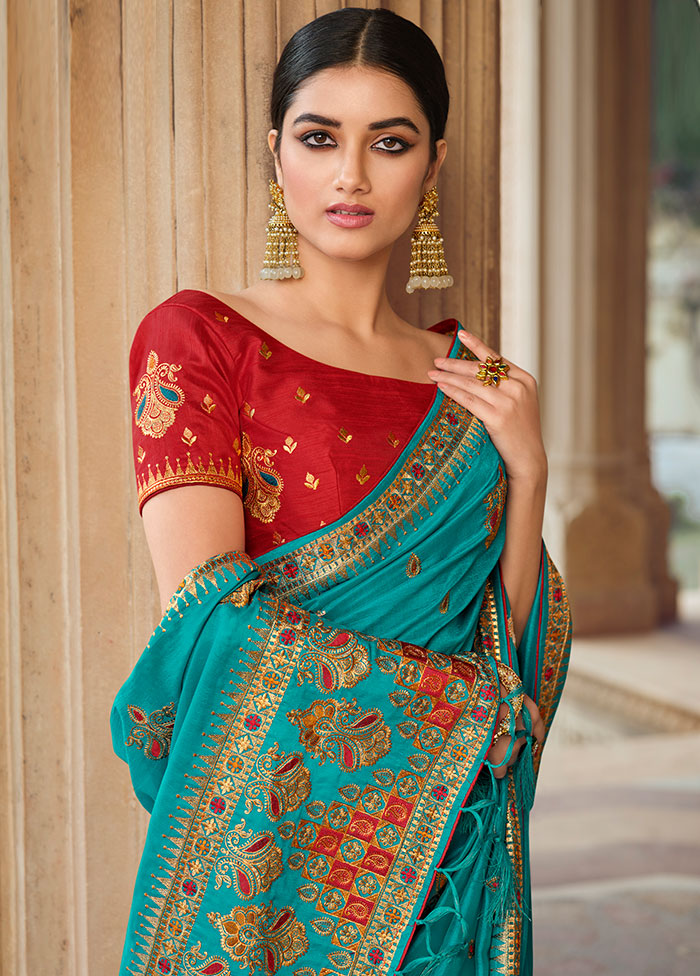 Turquoise Zari Woven Spun Silk Saree With Blouse Piece