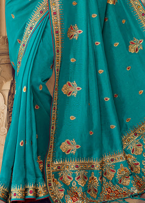 Turquoise Zari Woven Spun Silk Saree With Blouse Piece