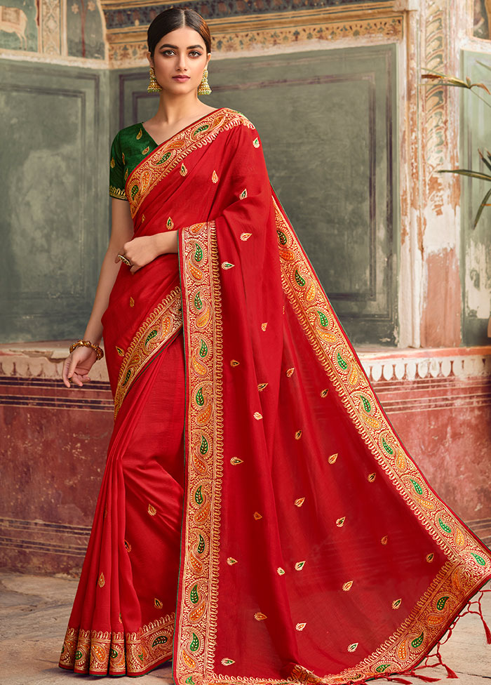 Red Zari Woven Spun Silk Saree With Blouse Piece