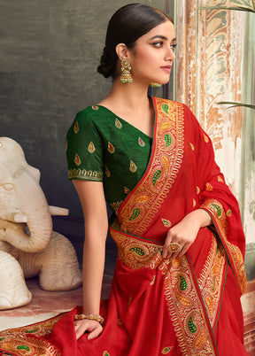 Red Zari Woven Spun Silk Saree With Blouse Piece