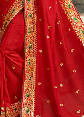 Red Zari Woven Spun Silk Saree With Blouse Piece