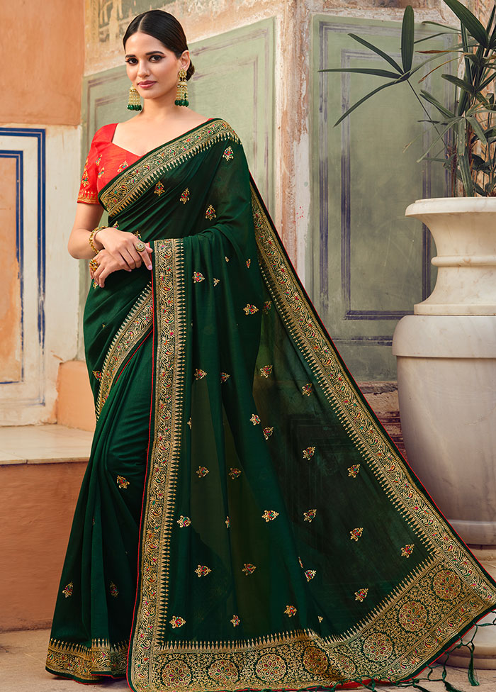 Emerald Green Zari Woven Spun Silk Saree With Blouse Piece