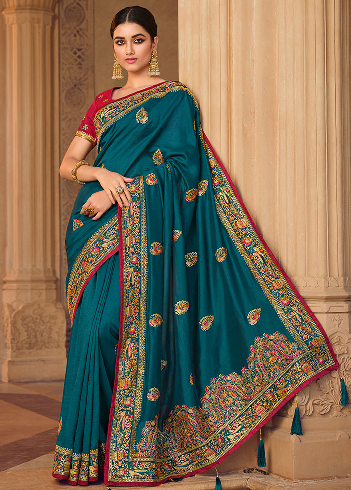 Teal Blue Zari Woven Spun Silk Saree With Blouse Piece